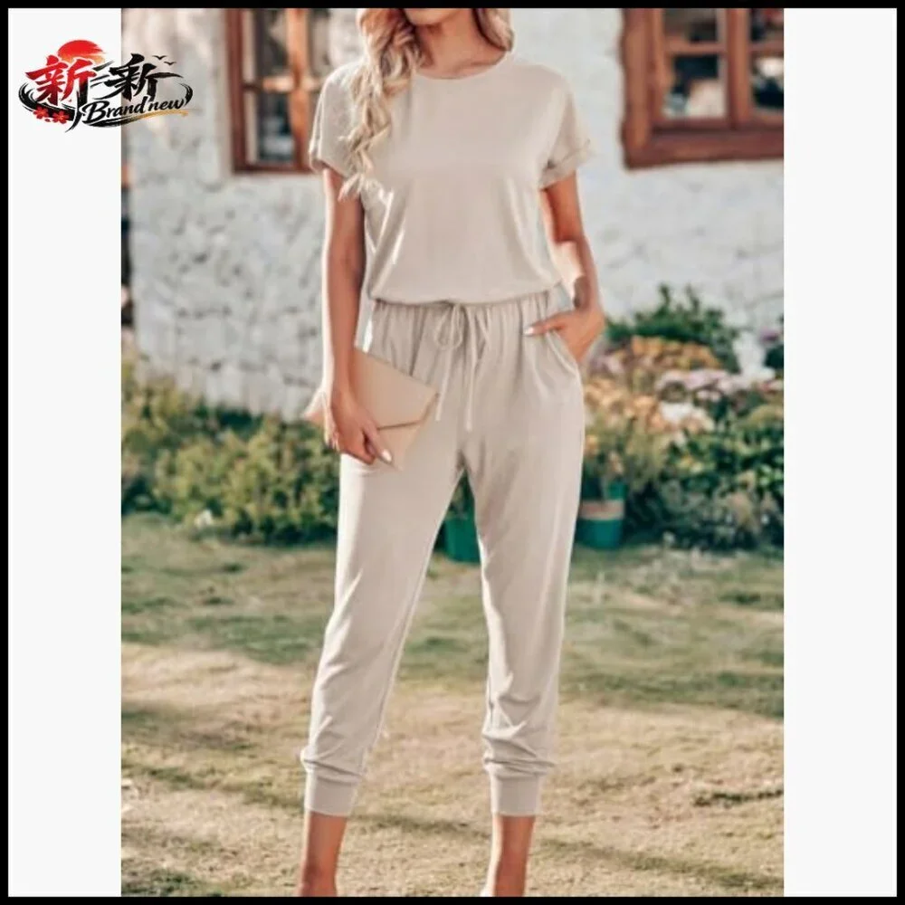 Polyester Jumpsuit with Drawstring, Side Pockets, Keyhole Back